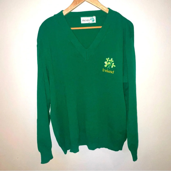 Vintage Irish Leisure Wear Made in Ireland Clovers Kelly Green V-Neck Sweater XL - Picture 1 of 7
